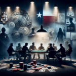 alt_text: Penggerebekan tiba-tiba di ruang poker Texas, pemain terkejut menghadapi polisi.
